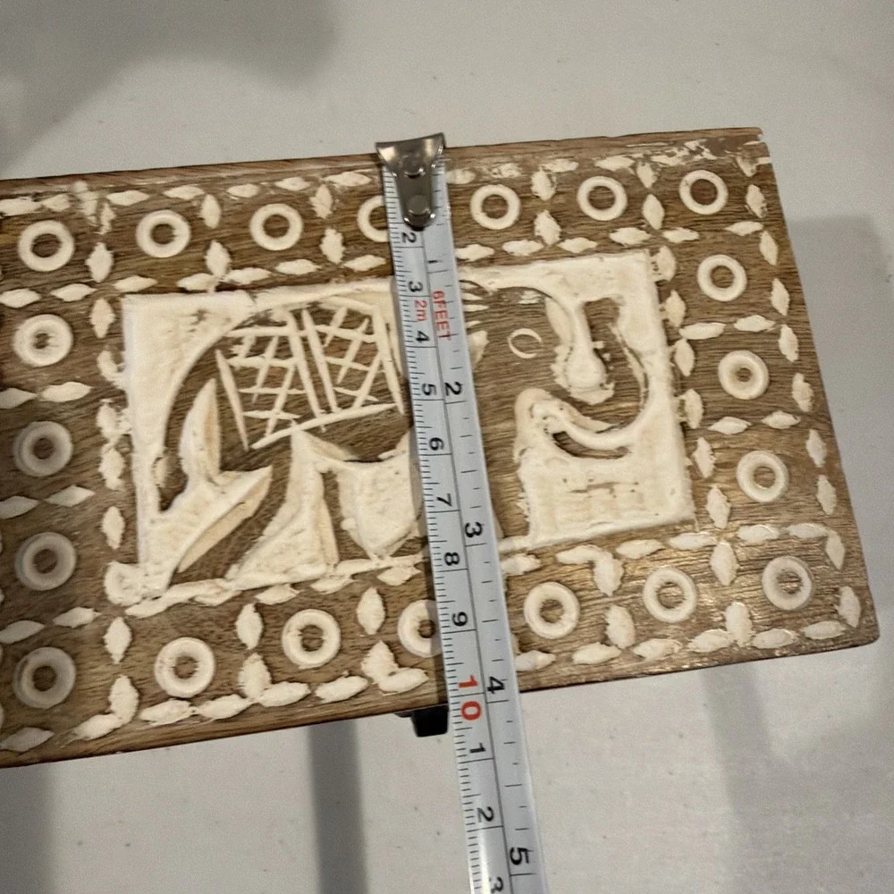 Hand‎ carved Wooden Elephant Hinged Jewlery Trinket Box Whitewash